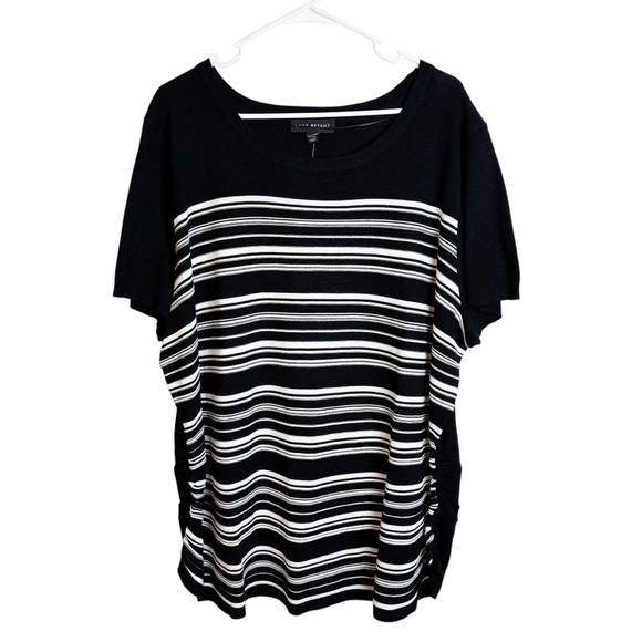 Lane Bryant Illusion Collection Black and White Stripe SS Ruched Sweater - Picture 1 of 11